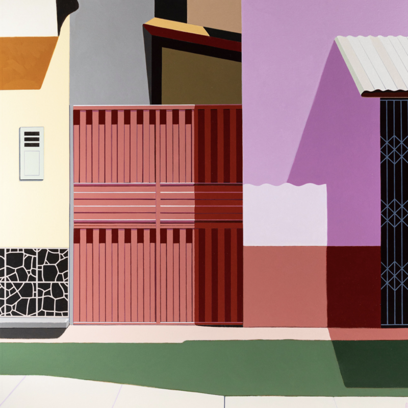  A painting by Gordon Leverton titled Estructura (Structure) (36 x 36 x 1.5 in), depicting a colorful, geometric streetscape with flat, angular forms. The composition features a pink and red striped gate, lavender and coral walls, a black and white tiled lower wall, and shadows cast across a green patch of sidewalk. Strong verticals and color-blocking create a clean, architectural feel.